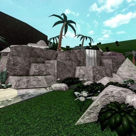 Small hill built on bloxburg Bloxburg Garden Ideas Modern, Bloxburg Back Garden Ideas, Bloxburg Landscaping Ideas, House On A Hill Bloxburg, Bloxburg Front Garden Ideas, Hill House Bloxburg, House Floor Plans Bloxburg, Bloxburg House On A Hill, Bloxburg Hill House