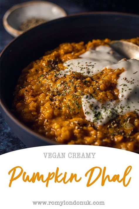 Creamy and hearty Roasted Pumpkin Red Lentil Dhal Recipe - created with either fresh or frozen pumpkin and coconut milk. Full of flavour and deliciously warming as a quick and easy mid-week dinner. #pumpkin #veganrecipe #dhal #redlentil Lentil Dhal Recipe, Roasted Pumpkin Recipes, Lentil Dhal, Dahl Recipe, Pumpkin Recipes Dinner, Dhal Recipe, Savory Pumpkin Recipes, Frozen Pumpkin, Pumpkin Curry