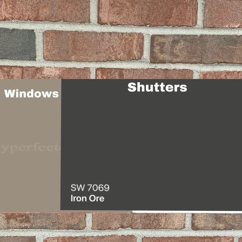 Dark Gray Shutters On Brick House, Brick And Shutter Color Combinations, Tan And Brick House Exterior, Brown Brick Black Shutters, Gray Shutters Brick House, Exterior Shutter Colors On Brick, Grey Siding Red Brick, Brown Shutters On Brick, Brown Red Brick House Exterior