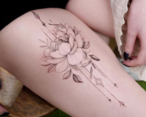 Lotus Flower Thigh Tattoos For Females Front Thigh Tattoos, Feminine Thigh Tattoos, Thigh Tattoos For Women, Butterfly Thigh Tattoo, Upper Leg Tattoos, Upper Thigh Tattoos, Side Thigh Tattoos, Cute Thigh Tattoos, Girl Thigh Tattoos