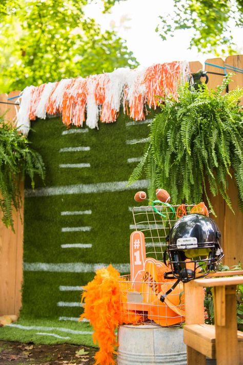 High School Football Tailgate Ideas, Football Theme Backdrop Ideas, Football Party Photo Backdrop, Tailgate Photo Booth, Office Tailgate Party Decorations, Tailgate Party Centerpieces, Football Photo Booth Backdrops, Tailgate Themed Birthday Party, Sorority Tailgate Decorations