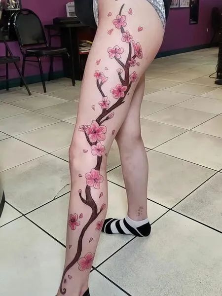 Leg Cherry Blossom Tattoo, Sakura Leg Tattoo, Japanese Tattoo Women Leg, Cherry Blossom Tattoo On Leg, Japanese Leg Tattoo Women, Cherry Blossom Tattoo On Thigh, Cherry Blossom Tattoo Leg, Cherry Blossom Hip Tattoo, Cherry Blossom Thigh Tattoo