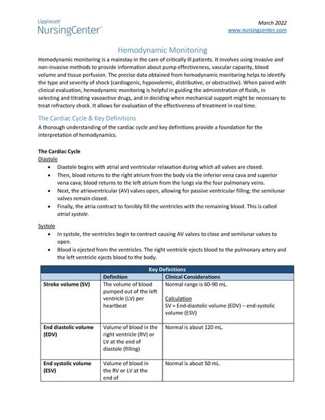 Hemodynamic Monitoring - nursingcenter Hemodynamic Monitoring Hemodynamic monitoring is a mainstay - Studocu Hemodynamic Monitoring, Cardiac Cycle, Nursing Schools, Nursing School, Real Time, Nursing