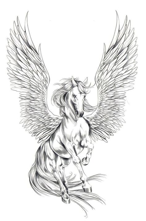 Pegasus Tattoo Stencil, Winged Horse Tattoo, Horse With Wings Tattoo, Horse Tattoo Stencil, Pegasus Tattoo Women, Pegasus Tattoo Design, Pegasus Tattoos, Exodus Tattoo, Pegasus Drawing