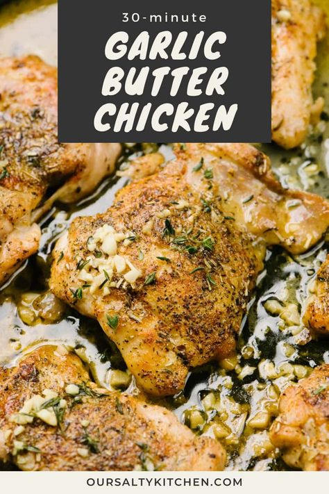 Garlic butter chicken thighs are flavorful and frugal! This is a one skillet chicken recipe, ready in just 30 minutes. Boneless skinless chicken thighs are packed with flavor and so affordable. They're generously seasoned, then pan seared until golden brown. A quick pan sauce with garlic, thyme, white wine, broth and butter is ready in just minutes. This quick chicken dinner is great for weeknights, and pairs with endless side dishes. #chickenthigh #dinner #chickenrecipe Chicken Thigh Fillet Recipes, Boneless Skinless Chicken Recipes, Garlic Butter Chicken Thighs, One Skillet Chicken, Pan Seared Chicken Thighs, Best Chicken Thigh Recipe, Skillet Chicken Thighs, Garlic Sauce For Chicken, Chicken Thighs Dinner