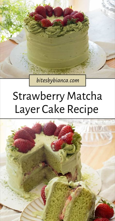 Try this delightful strawberry matcha cake that combines the flavors of matcha and strawberry. This cake is a perfect dessert with its mousse-like frosting and matcha layered cake structure. Using green tea powder, this is the best matcha cake recipe for any matcha dessert lover. Enjoy the fresh taste of strawberries in this beautiful matcha cake. Strawberry Matcha Cake, Matcha Strawberry Cake, Matcha Whipped Cream, Matcha Cake Recipe, Whipped Cream Strawberry, Dessert Recipes Cake, Matcha Strawberry, Cake With Strawberries, Green Tea Cake