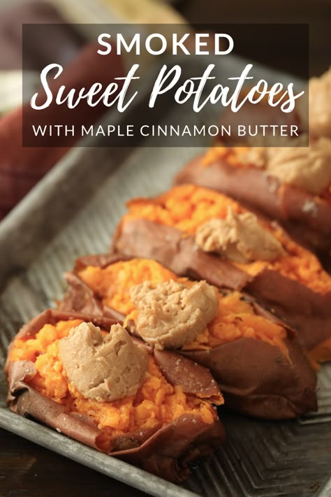 Smoked Sweet Potatoes, Sweet Potato Stacks, Smoker Grill Recipes, Traeger Cooking, Pioneer Woman Meatloaf, Pellet Smoker Recipes, Traeger Grill Recipes, Grilled Sweet Potatoes, Smoked Turkey Recipes