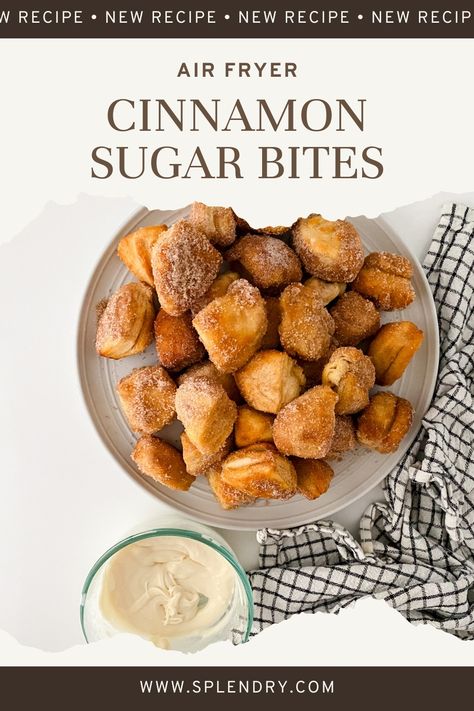 These Air Fryer Cinnamon Sugar Biscuit Bites are a quick and easy sweet treat ready in just 15 minutes! Made with pre-made biscuit dough, cinnamon, and sugar, they're perfect for breakfast or dessert. Pin this simple recipe for a delicious go-to snack the whole family will love! Cinnamon Bites Recipe, Cinnamon Sugar Bites, Air Fryer Donut Holes, Cinnamon Sugar Bread, Cinnamon Bites, Biscuit Bites, Quick And Easy Sweet Treats, Biscuit Donuts, Cinnamon Biscuits