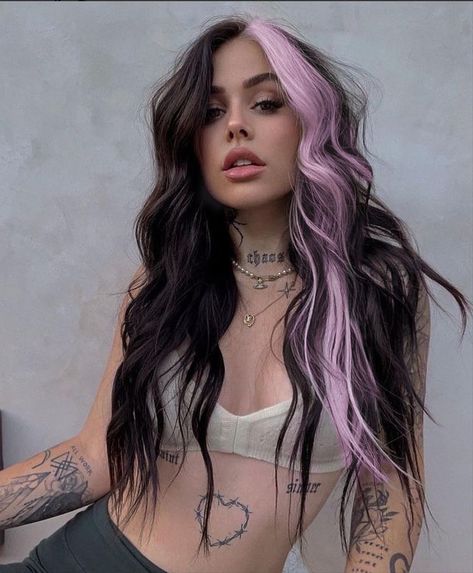 Cool Hair Dye Ideas For Long Hair, Colorful Money Pieces On Dark Hair, Vibrant Color Block Hair, Coloring Blocking Hair, Long Hair Funky Styles, 2 Toned Colored Hair, Block Section Hair Color, Panel Coloring Hair, Black Hair With Fashion Colors