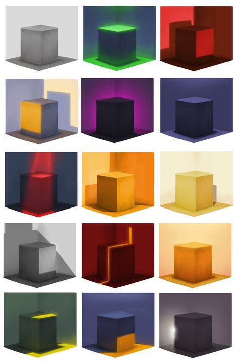 This is an exercise I have started doing to practice different types of lighting and explore new palettes . They are quick to do and rather enjoyable for an exercise. Different Types Of Lights, Lighting Exercise Drawing, Color And Light Study, How To Paint Light, Types Of Shading, Cube Lighting, Color Exercises, Cube Painting, Lighting Theory