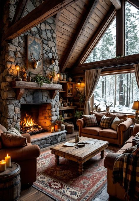 Rustic Living Room Cabin Couches Rustic, Log Cabin Designs Interiors, Small Log Cabin Interior Living Room, Log Home Decorating Ideas Living Room, Cosy Rustic Living Room, Log Cabin Fireplace Ideas, Rustic Cabin Decor Living Room, Outdoorsy Living Room, Log Cabin Homes Interior Rustic