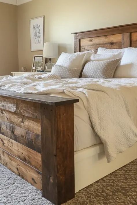 Are you ready to transform your bedroom with an inviting and stylish farmhouse bed frame? This DIY guide walks you through simple steps to create an affordable yet stunning look for any bedroom. With easy-to-follow instructions and tips on measuring, selecting wood, and finishing touches, you'll appreciate both the process and the outcome. Plus, making your own furniture is satisfying and allows you to customize the size to fit your unique space. Enjoy the success of completing a beautiful and functional piece you'll love for years! Rustic King Size Bed Frame Diy, Diy Bed Frame Farmhouse, Farmhouse Queen Bed Frame Diy, Building A King Size Bed Frame, King Headboards For Beds, How To Make A King Size Bed Frame, Easy Diy King Bed Frame, Large Bed Frame, Rustic Farmhouse Bed Frame