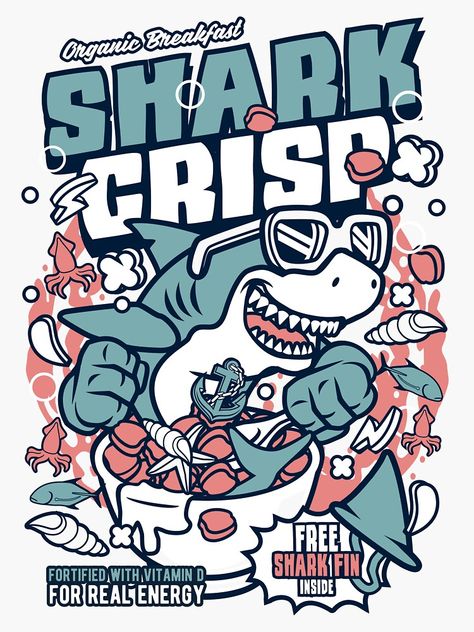 "SHARK CRISP CEREAL" Sticker by Alligatorgod | Redbubble Shark Eating, Fish Funny, Animal Food, Ocean Fish, Cute Shark, Shirt Illustration, Dark Art Illustrations, Fishing Humor, Sharks