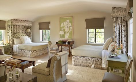 Guest bedroom designed by Suzanne Rheinstein Suzanne Rheinstein, Mediterranean Bedroom, Wayne Homes, Exotic Homes, Guest Bedroom Design, Mediterranean Style Home, Bunk Rooms, Guest Room Design, Mediterranean Style Homes