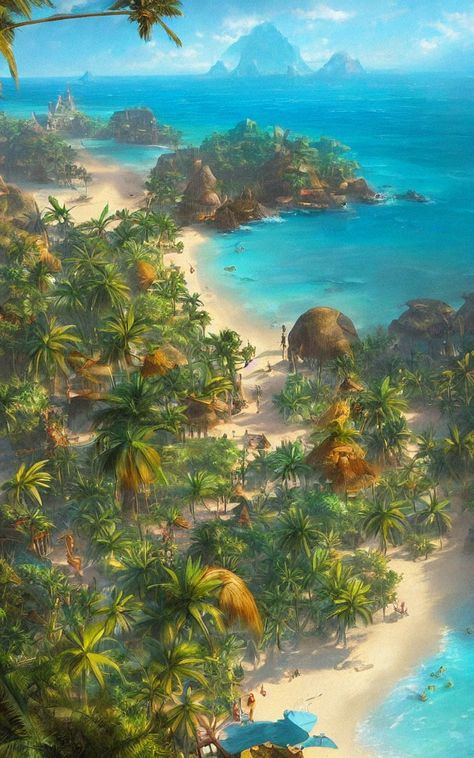 Beach Village Fantasy Art, Fantasy Tropical Village, Fantasy Island Village, Tropical Forest Concept Art, Fantasy Ocean Village, Island Kingdom Fantasy Art, Fantasy Island Concept Art, Volcanic Island Fantasy Art, Island Village Concept Art