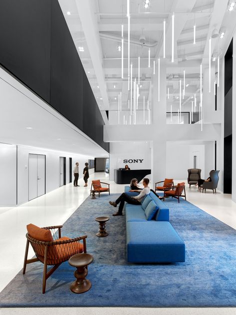 Sony Corporation of America Headquarters | STUDIOS Architecture Spy Workout, Corporate Interior Design, Office Lobby, Blue Office, Studios Architecture, Office Lounge, Corporate Interiors, Waiting Area, Workplace Design