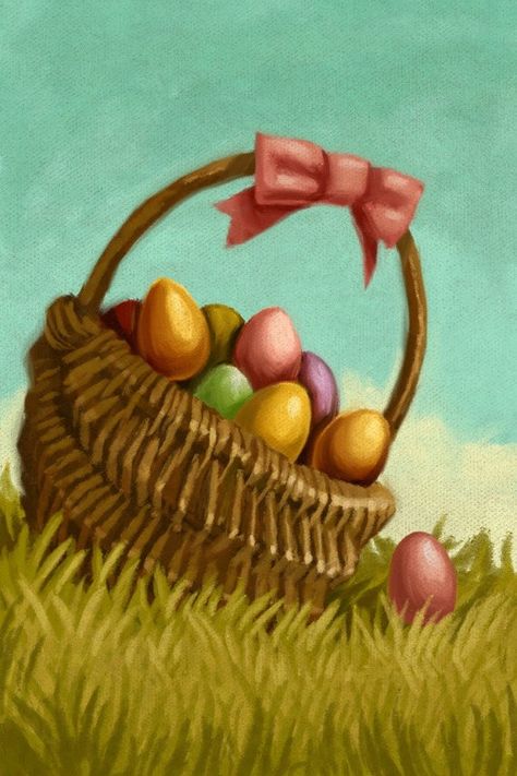 Easter Basket - Oil Painting (Art Prints, Wood & Metal Signs, Canvas, Tote Bag, Towel) Basket Painting, Easter Art, Free Canvas, Stock Art, Support Artists, Art Ink, Easter Basket, Sign Art, Easter Baskets