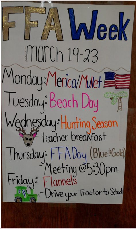 FFA week ideas Ffa Posters Ideas, Ffa Display Ideas, National Ffa Week Dress Up Days, Ffa Valentines, Ffa Games Activities, Ffa Chapter Activities, Ffa Week Ideas Dress Up, Ffa Week Activities, Ffa Meeting Activities