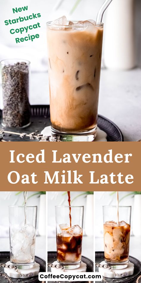 Iced Lavender Oat Milk Latte (Starbucks Copycat) - coffeecopycat.com Starbucks Lavender Oatmilk Latte, Iced Lavender Oat Milk Latte, Lavender Oatmilk Latte, Starbucks Lavender Latte, Lavender Oat Milk Latte Starbucks, Lavender Oat Milk Latte, Starbucks Lavender Drink, Oat Milk Latte Recipe, Coffee Concoctions