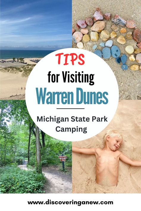 Enjoy the sandy beach and towering sand dunes at the Southeast corner of Michigan at Warren Dunes State Park. This beautiful state park in Sawyer, Michigan offers both modern and rustic camping options.  Here is an honest review with all the tips for visiting Warren Dunes State Park for your next family vacation. Numerous outdoor activities will keep kids occupied as you swim, catch a sunset at Lake Michigan, race down a sand dune or hike the 6 miles of trails. Warren Dunes State Park Michigan, Michigan Sand Dunes, Sawyer Michigan, Sand Dunes Michigan, Michigan Campgrounds, Warren Dunes, Rustic Camping, Michigan Camping, Michigan State Parks