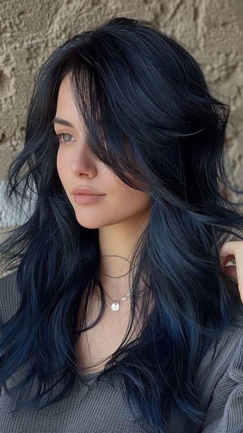 24 Sophisticated Blue Black Hair Ensembles Blue Black Medium Length Hair, Deep Blue Black Hair, Midnight Black Hair Color, Black Hair Frosted Tips, Black Color Hair Styles, Dark Denim Hair, Summer Hair For Black Hair, Black With Blue Tint Hair, Cool Tone Blue Hair