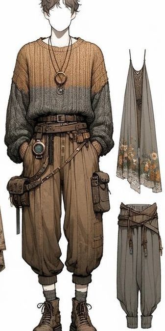 Fantasy Clothing Ideas Male, Apocalypse Outfit Drawing Male, Modern Adventurer Outfit, Apocalyptic Fashion Mens, Men Adventure Outfit, Male Faerie Clothes, Common Clothes Dnd, Magical Clothes Male, Solarpunk Outfit Male