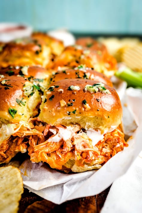 Buffalo Sliders, Chicken Buffalo, Sliders Recipes Chicken, Shredded Buffalo Chicken, Buffalo Chicken Sliders, Easy Buffalo Chicken, Pasta Salad With Tortellini, Buffalo Chicken Sandwiches, Chicken Sliders