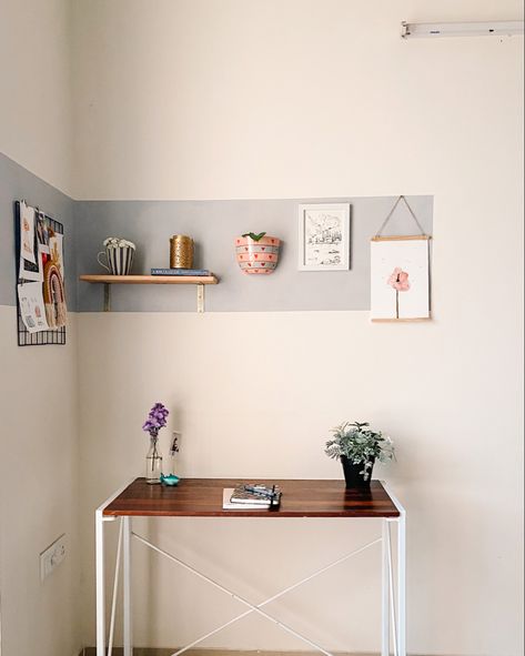 Colour Block Above Bed, Colour Block Corner Walls, Corner Wall Art Paint, Feature Corner Wall Paint, Corner Colour Block, Colour Blocking Bedroom Walls, Strip Of Paint On Wall, Color Block Wall With Shelves, Geometric Wall Paint Kitchen