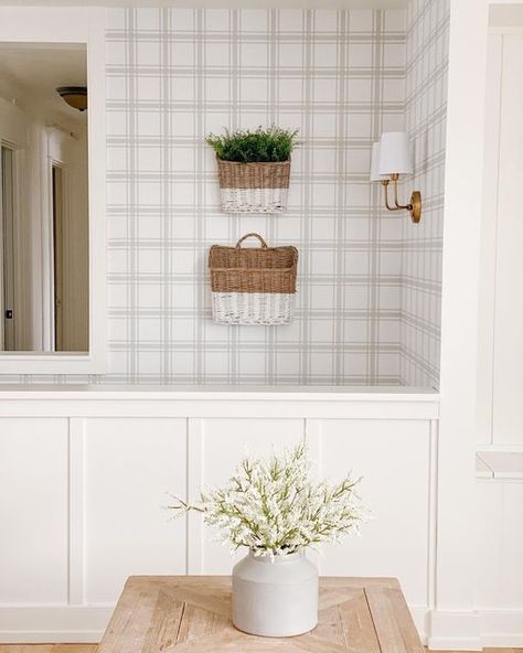 Love vs. Design on Instagram: "You and your happy place. Some things just go together. ⠀⠀⠀⠀⠀⠀⠀⠀⠀ Other things that go together: wallpaper with board and batten. We love this traditional combination and its style, like in this living room space from @life_with_krystal featuring our Basic Plaid wallpaper. It just makes us, well, happy! ⠀⠀⠀⠀⠀⠀⠀⠀⠀ Where’s your happy place? ⠀⠀⠀⠀⠀⠀⠀⠀⠀ Wallpaper: Basic Plaid by @lovevsdesign Photo: @life_with_krystal" Wallpaper With Board And Batten, Plaid Living Room, Together Wallpaper, Place Wallpaper, Plaid Wall, Things That Go Together, Plaid Wallpaper, Things That Go, Living Room Spaces