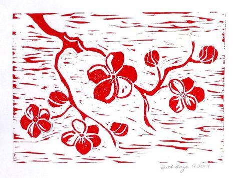 Red Cherry Blossom, Flowering Cherry Tree, Primitive Art, Dragonfly Prints, Lino Cut, Red Home Decor, Linocut Art, Cherry Blossom Flowers, Insect Art