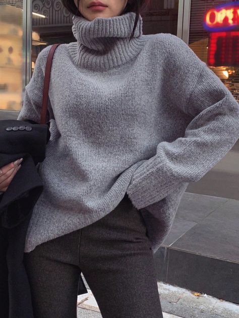 Grey Casual Collar Long Sleeve Knitwear Plain Pullovers Embellished Medium Stretch  Women Clothing Slouchy Sweater Outfits, Grey Pullover Outfit, Palette Aesthetic, Light Summer Color Palette, Grey Knitwear, Pullovers Outfit, Knitwear Outfit, Oversize Sweater, Drop Shoulder Sweater