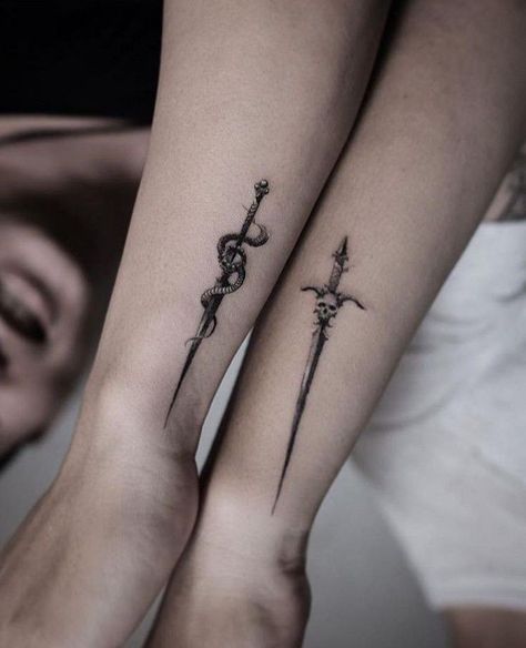 Matching Tattoo Swords, Long Slim Tattoo, Couple Unique Tattoos, Dager Tattoos For Women, Dagger Finger Tattoo, Simple Dagger Tattoo, Dagger Tattoo Design, Son Tattoos, Witch Life