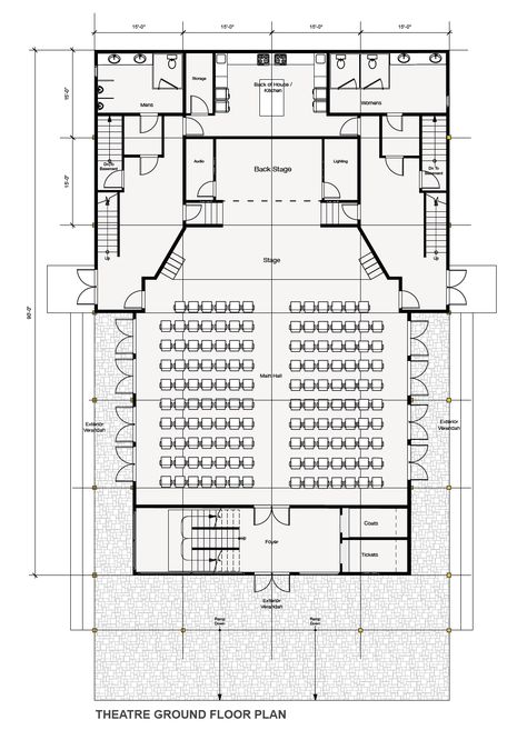 Auditorium Plan Architecture, Audotirum Design, Theatre Exterior Architecture, Small Theatre Architecture, Auditorium Design Architecture, Multi Purpose Hall Plan, Theatre Plan Architecture, Auditorium Plan With Dimensions, Cinema Floor Plan