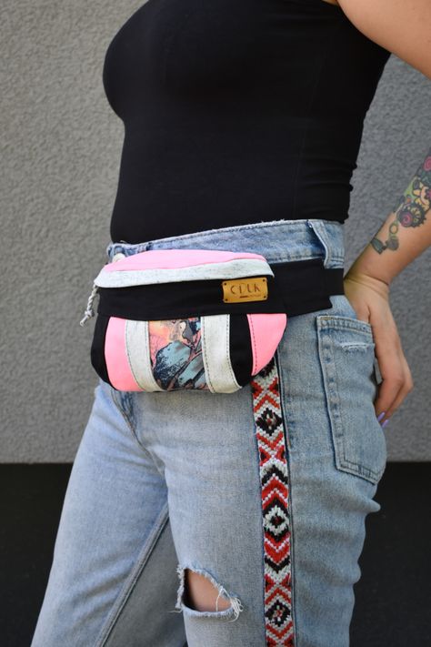 Vibrant in color eye-caching hip bag made from soft strechy denim fabric leftovers saved from previous sewing projects. 100% upcycled with zero waste concept in mind. One of a kind! Super comfy for daily use, festivals, travels and you know what, fanny pack will never go out of style due to its practicality! Fits perfectly on any body type and can be easily washed like any other denim product. Streetwear Bags, Colorful Streetwear, Denim Scraps, Belly Bag, Practical Bag, Old Jeans, Recycled Denim, Bum Bag, Tomorrow Will Be Better