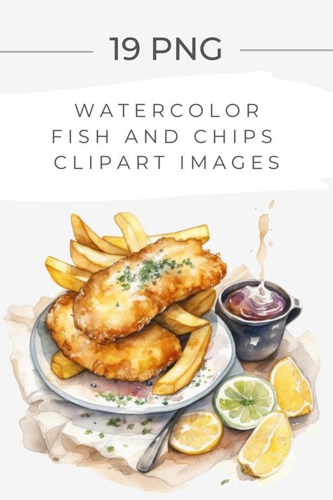 Fish And Chips Menu Design, Fish And Chips Illustration, Watercolor Restaurant, Fish And Chips Menu, Drink Clipart, Restaurant Signage, Restaurant Art, Fish Clipart, Menu Designs