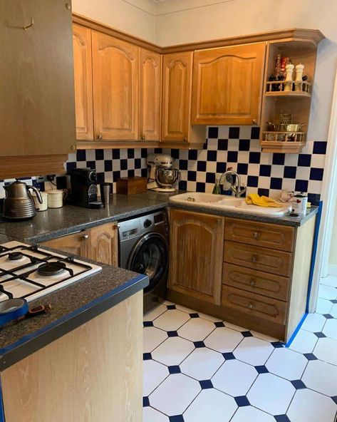 Checkered Backsplash Kitchen, Checkered Kitchen Backsplash, Checkered Backsplash, Kitchen With Wooden Cabinets, Kitchen Shelf Ideas, Checkered Kitchen, Rustic Kitchen Backsplash, Shelf Designs, Rustic Backsplash