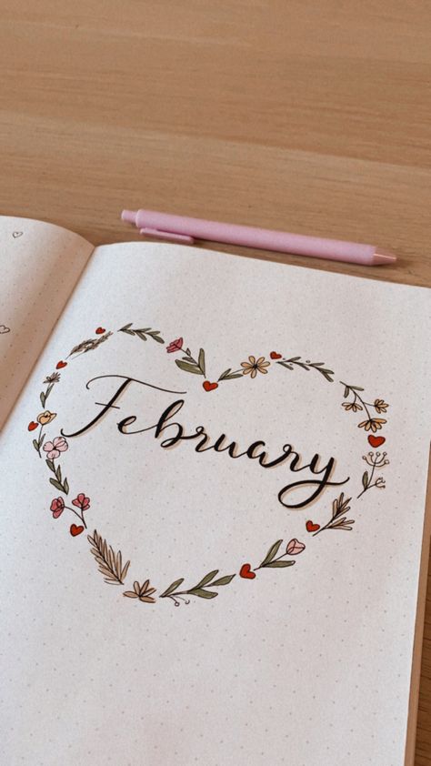 February Notebook Ideas, February 2024 Journal, Frames For Journal, Feb Bujo Cover, February Aesthetic Month Calendar, February Reading Journal Spread, February In Cursive, February Dot Journal Ideas, February Reading Journal