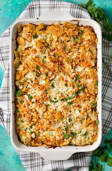 Cheesy Chicken Tortilla Casserole - The Chunky Chef Chicken Tortilla Chip Casserole, Tortilla Chip Casserole, Taco Casserole With Tortillas, Chicken Tortilla Recipe, Mexican Tortillas, Rotisserie Recipes, Tortillas Chips, Verde Salsa, Chicken Tortilla Casserole