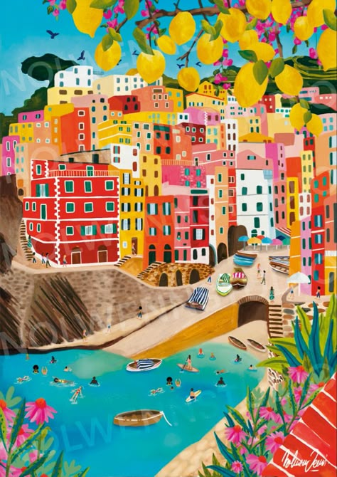 Cinque Terre Art Print, Illustration Art Summer, Travel Artwork Wall Art, Cinque Terre Art, Cinque Terre Italy Painting, Travel Illustration Design, Italy Illustration Art, Cinque Terre Painting, City Illustration Art