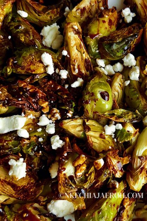 Air Fryer Brussels Sprouts with Goat Cheese and Balsamic Glaze - Nkechi Ajaeroh Baked Feta Brussel Sprouts With Balsamic Glaze, Brussel Sprouts Feta Cheese, Oven Roasted Brussel Sprouts Balsamic, Brussel Sprout Balsamic Glaze, Balsamic Feta Brussel Sprouts, Air Fryer Brussel Sprouts, Feta Roasted Brussel Sprouts, Brussel Sprouts With Feta And Balsamic, Balsamic Glaze Brussel Sprouts