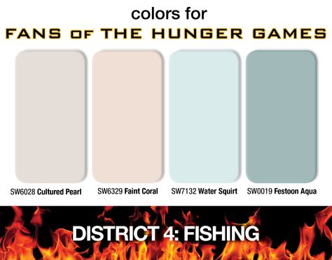 Colors of District 4: Fishing Hunger Games Color Palette, District 9 Aesthetic, 4 Colour Palette, Hunger Games Activities, 9 Aesthetic, Hunger Games Districts, District 4, District 9, Mockingjay