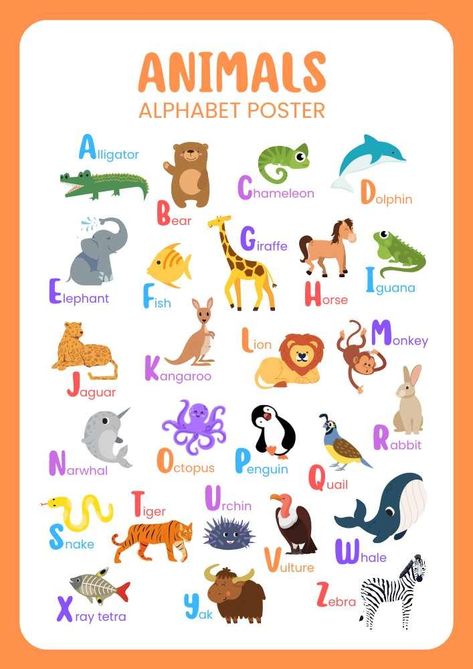 Illustrative Animals English Alphabet Poster Alphabet Posters For Classroom, English Abc, Abc Animals, Alphabet Flash Cards Printable, Animals Alphabet, Small Alphabets, English Posters, Alphabet Names, English Transition Words