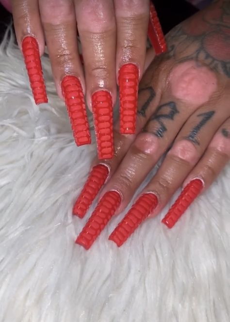 Red Croc Nails Acrylic, Red Tip Nails Square, Red Crocodile Nails, 3d Croc Nails, Red Croc Nails, Croc Nails Acrylic, Nails Square Design, Grabbers Nails, Croc Nails