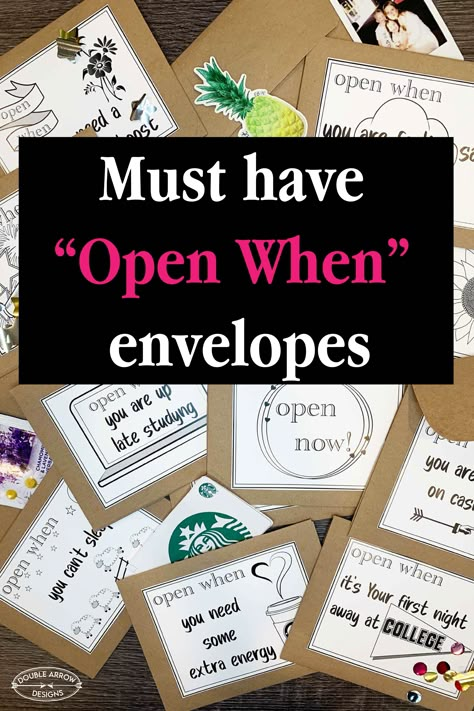 Amazing fun printable "open When" labels. Just download these and put on envelopes and fill with fun momentums for college students. Open Me When Gifts, For College Students, Open When Gift Card Ideas, Sending Home Student Work, College Goodbye Gifts, College Leaving Gifts, For When You Need Gifts, Open When College Letters, Open When Packages