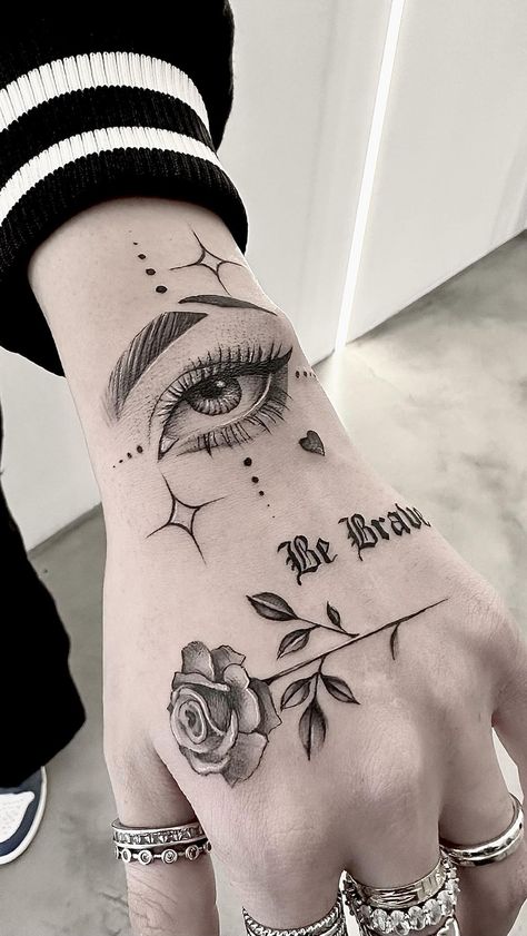 Right Hand Tattoos For Women, Tattoo Hands Woman, Open Tattoo, Brave Tattoo, Hand Tattoo Design, Unique Hand Tattoos, Be Brave Tattoo, Skull Hand Tattoo, Tattoo On Hand