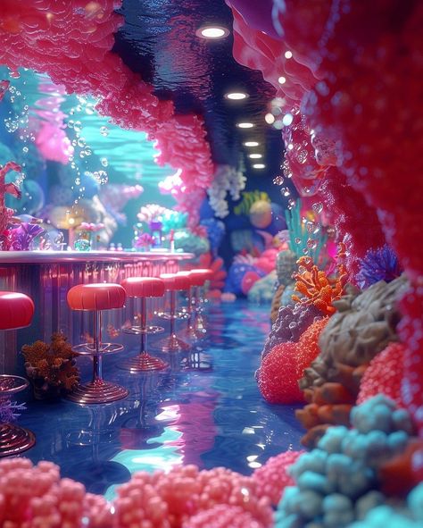 Kristen Elizabeth Wagoner | “The Mermaid Bar”. Deep beneath the crystal clear blue waters of Lindori beach in the secret underwater kingdom lies the Mermaid Bar. You… | Instagram Mermaid Hotel Aesthetic, Mermaid Grotto Room Aesthetic, Underwater Room Fantasy Art, Mermaid Kingdom, Mermaid Bar, Neon Underwater Aesthetic, Mermaid City Underwater, Underwater Kingdom, Tropical Water