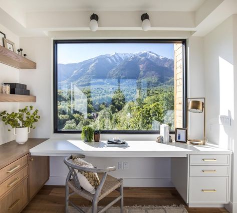 Becki Owens (@beckiowens) • Instagram photos and videos Desk On Window Wall, Home Office Against Window, Tiny Office With Window, Desk With Window Above, Home Office Window Ideas, Desk Facing Window Home Office, Corner Window Desk, Desk Looking Out Window, Home Office Big Windows