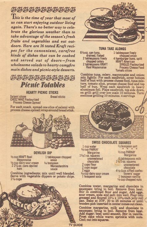 1970's TV GUIDE - Kraft recipes - 16 ideas for salad days and outdoor living - Page 2 of 4 1940s Recipes, Create Tv Recipes, Antique Recipes, Newspaper Recipes, Hand Written Recipes, Old Time Recipes, Written Recipes, Food Vintage, Old Cookbooks