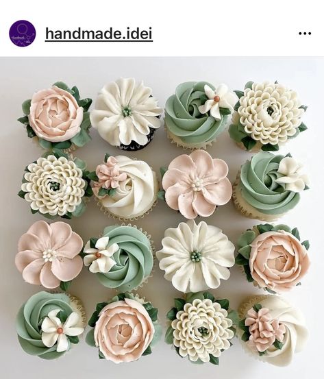 Garden Themed Treats, Sage Green And Peach Cupcakes, Floral Cupcake Designs, Boho Flower Cupcakes, Pastel Flower Cupcakes, Mini Flower Cupcakes, Floral Wedding Cupcakes, Wild Flower Cupcakes, Baby In Bloom Cupcakes