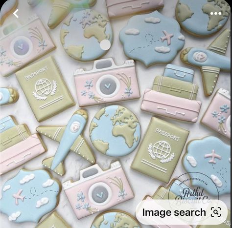 Map Cookies Decorated, Bon Voyage Cookies Decorated, Travel Cookies Decorated, Airplane Cookies Decorated, Suitcase Cookies, Bon Voyage Cookies, Bday Dessert Ideas, Bon Voyage Party Ideas, Adventure Cookies